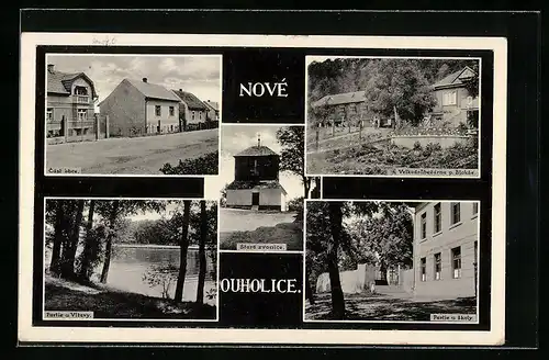 AK Nové Ouholice, Cast obce, Partie u Vltavy, Stará zvonice, Partie a skoly