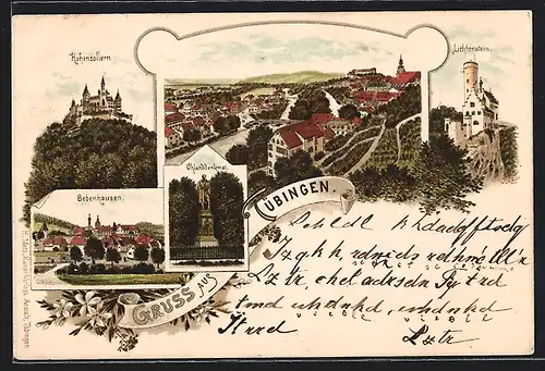 Vorläufer-Lithographie Tübingen, 1895, Schloss Hohenzollern, Uhland-Denkmal, Lichtenstein u. Bebenhausen