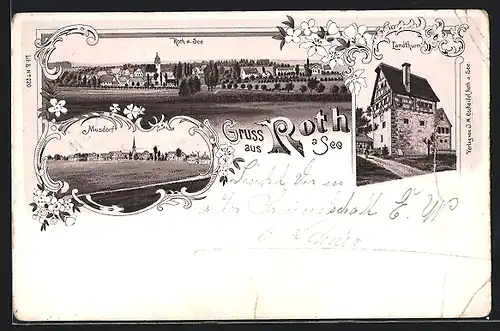 Lithographie Roth a. See, Ortsansicht, Musdorf, Landturm