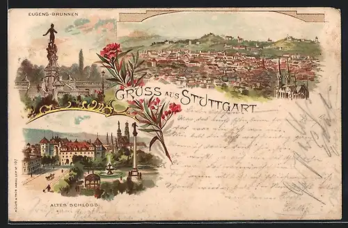 Lithographie Stuttgart, Totalansicht, Eugens-Brunnen, Altes Schloss