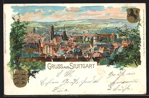 Lithographie Stuttgart, Totalansicht und Wappen