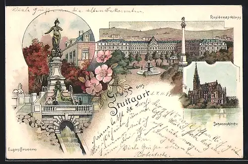 Lithographie Stuttgart, Eugens Brunnen, Residenzschloss, Johanneskirche