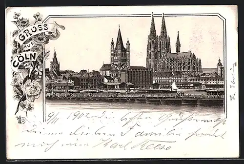 Lithographie Köln am Rhein, Flusspartie mit Dom