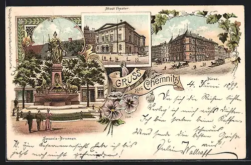 Lithographie Chemnitz, Saxonia-Brunnen, Stadt-Theater, Börse