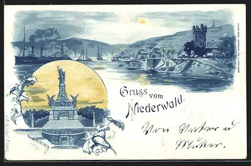 Lithographie National-Denkmal auf dem Niederwald, Rhein bei Nacht