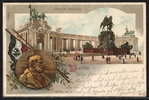 Lithographie Berlin, National Denkmal, Münze von Wilhelm der grosse Deutsche Kaiser, Flaggen