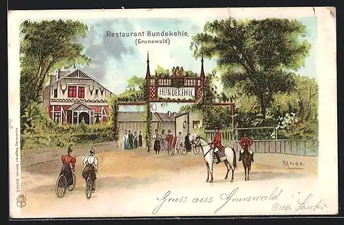 Lithographie Berlin-Grunewald, Restaurant Hundekehle, Strassenansicht mit Radfahrerinnen und Reitern