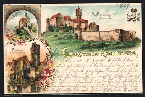 Lithographie Ronneburg, Burg von Süden, Einblick in die Vorburg und innere Burg