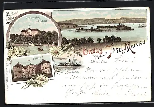 Lithographie Insel Mainau, Schlosshof, Landungsplatz mit Schloss, Dampfschiff Kaiser Wilhelm