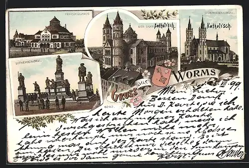 Lithographie Worms, Lutherdenkmal, Festspielhaus, Dom und Liebfrauenkirche