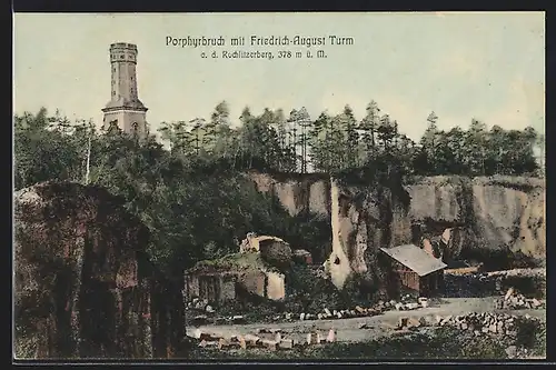 AK Rochlitz, Porphyrbruch mit Friedrich August-Turm a. d. Rochlitzerberg, Steinbruch