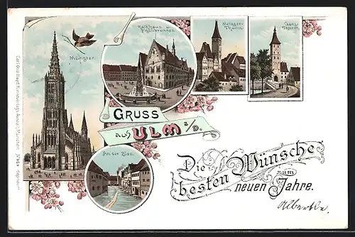 Lithographie Ulm a. Donau, Münster, Metzgerturm, Gänsethurm