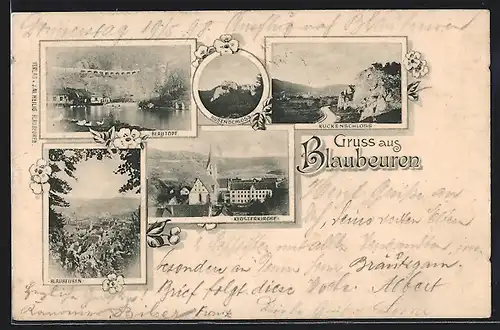 Lithographie Blaubeuren, Klosterkirche, Blautopf, Rusenschloss, Ruckenschloss, Ortsansicht aus der Vogelschau