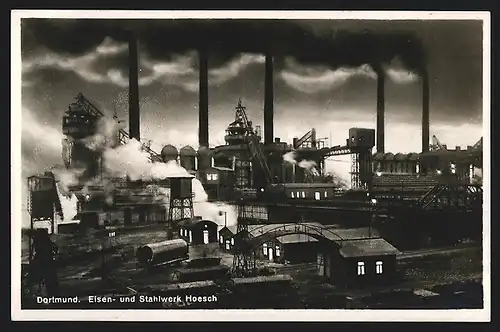 AK Dortmund, Eisen- und Stahlwerk Hoesch, Fabrikgelände mit Schornsteinen