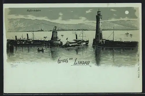 Lithographie Lindau i. B., Hafeneinfahrt