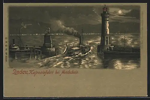 Lithographie Lindau a. Bodensee, Dampfer bei der Hafenausfahrt