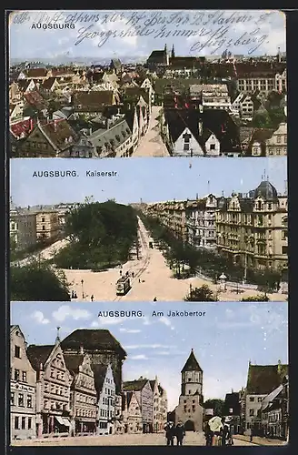 AK Augsburg, Ortsansicht aus der Vogelschau, Kaiserstrasse und Jakobertor