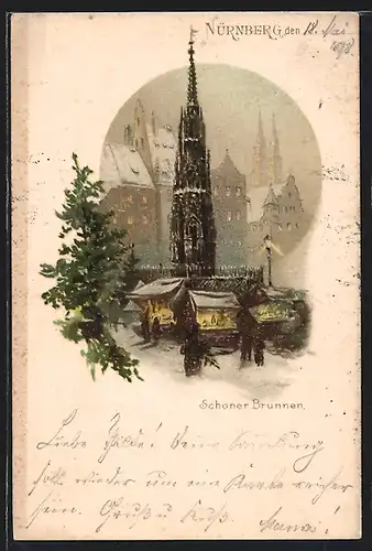 Lithographie Nürnberg, Schöner Brunnen hinter Ständen und einem Tannenbaum