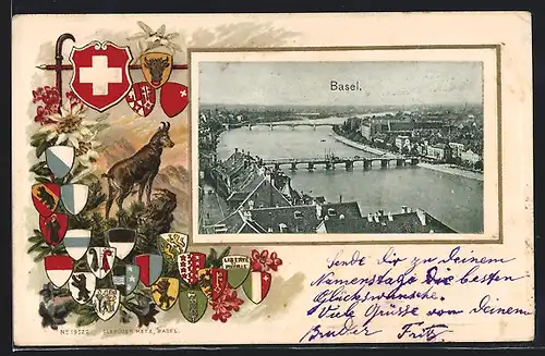 Passepartout-Lithographie Basel, Stadtpanorama, Kantonwappen der Schweiz