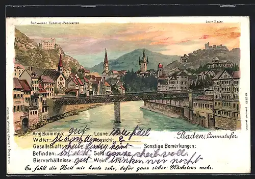 Lithographie Baden, Ortsansicht mit Limmatufer