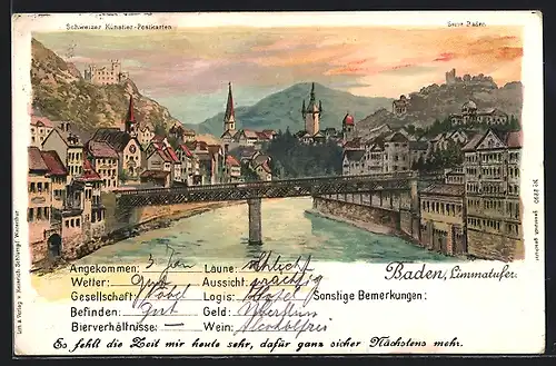 Lithographie Baden, Ortspartie am Limmatufer