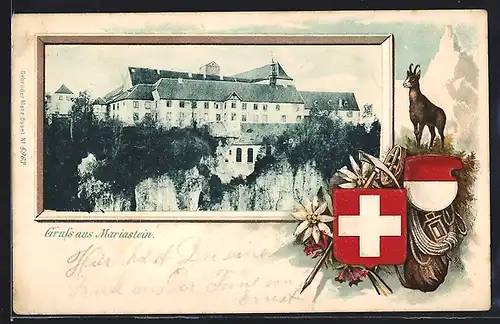Passepartout-Lithographie Mariastein, Blick zum Benediktinerkloster, Wappen, Gemse