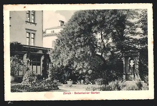 AK Zürich, Botanischer Garten, Partie mit Gebäude und Denkmal