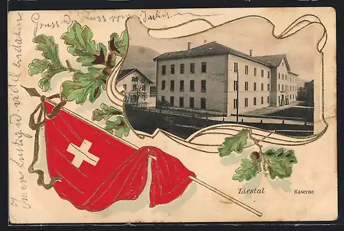 Passepartout-AK Liestal, Kaserne, Flagge und Eichenblätter