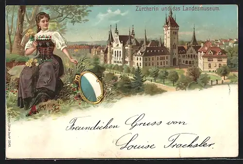 Lithographie Zürich, Züricherin u. das Landesmuseum, Schild