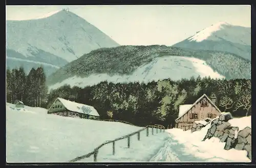 Künstler-AK Friedrich Iwan: Wolfshau, Ortspartie mit Schneekoppe, Riesengebirge