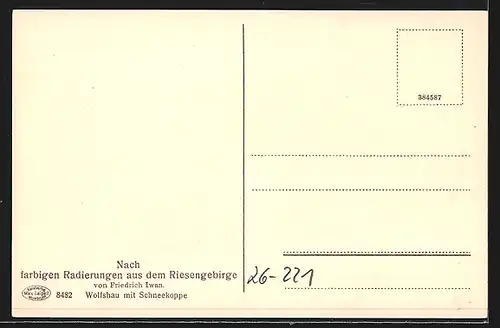 Künstler-AK Friedrich Iwan: Wolfshau, Ortspartie mit Schneekoppe, Riesengebirge