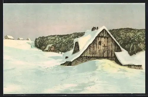 Künstler-AK Friedrich Iwan: Abendlicht auf den Grenzbauden im Schnee, Riesengebirge