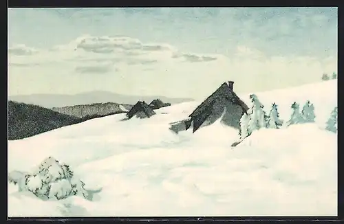 Künstler-AK Friedrich Iwan: schneebedeckte Bohnwiesbauden