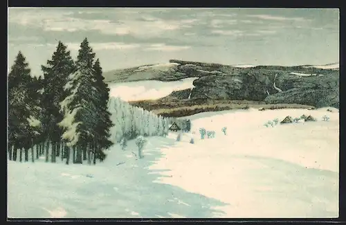 Künstler-AK Friedrich Iwan: Kleinaupa, winterliche Ansicht des Ortes