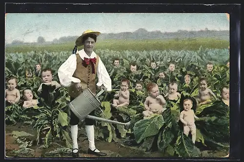AK Gärtner mit Giesskanne und Kleinkindern in Salatköpfen