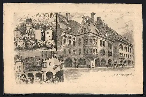 AK München, Kgl. Hofbräuhaus, Aussenansicht, Rüben und Bierkrüge