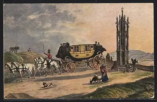 AK Postkutsche, Frau mit Ziegen, Hund