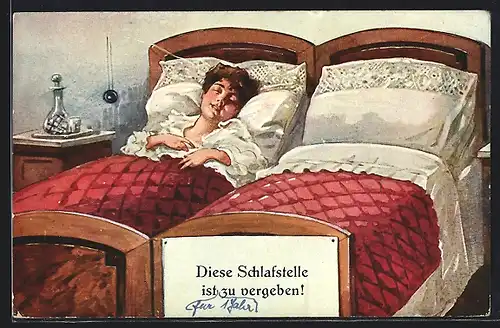 AK Dame neben leerer Bettseite