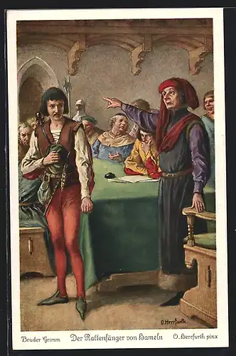 Künstler-AK Oskar Herrfurth: Der Rattenfänger von Hameln, Rattenfänger wird verurteilt