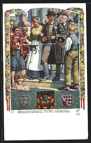 Künstler-AK Wachau, Brautpaar in Tracht bei Bauernhochzeit