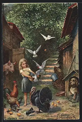 Künstler-AK Oskar Herrfurth: Mädchen füttert Vögel an Treppe