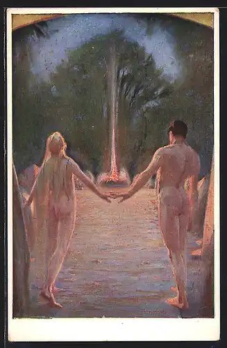 Künstler-AK Ludwig Fahrenkrog: Nacktes Paar vor heiligem Feuer