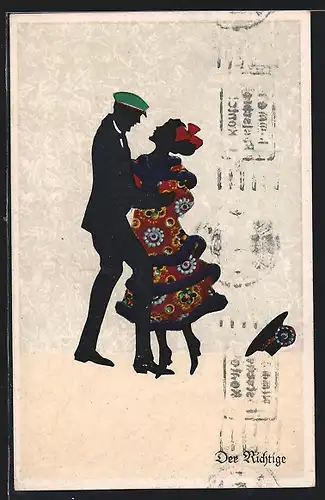 Künstler-AK Marte Graf: Der Richtige, Herr mit Schiebermütze tanzt mit rassiger Dame, Scherenschnitt