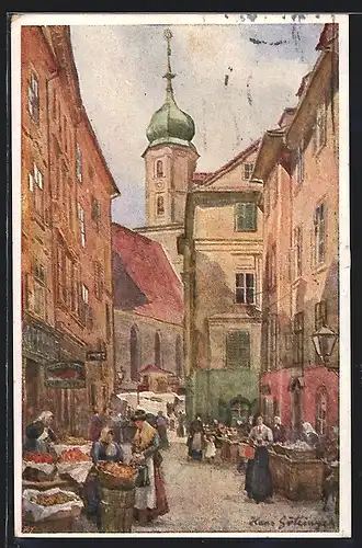 Künstler-AK Graz, Kapannplatz mit Franziskanerkirche