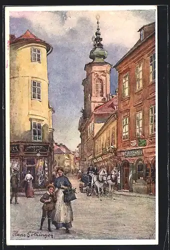 Künstler-AK Graz, Mariahilferstrasse mit Geschäften, Pferdekutsche