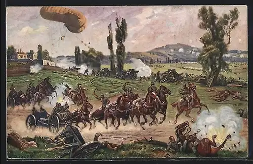 Künstler-AK W. Bürger: Maubeuge, feuerndes Artilleriebatallion, aufsteigender Militärballon