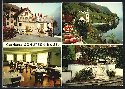 AK Bauen, Gasthaus Schützen Fam. Münger, Ortsansicht, Denkmal