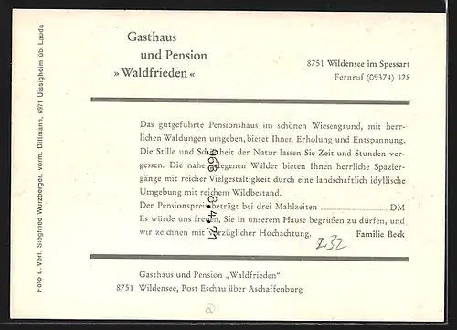 AK Wildensee / Spessart, Gasthaus-Pension Waldfrieden, Aussen- und Innenansichten