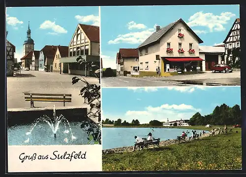 AK Sulzfeld i. Gr., Gemischtwaren v. A. Guck, Platz mit Brunnen, Seeidylle