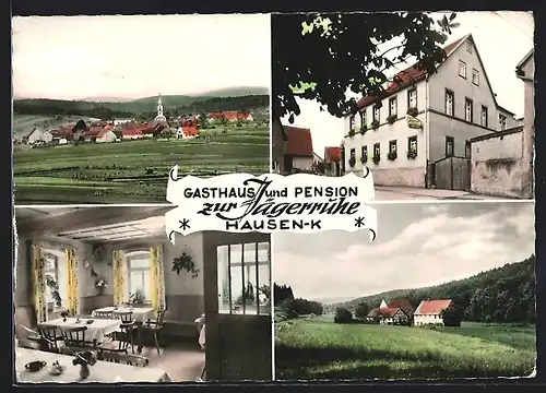 AK Hausen-K. / Lohr am Main, Gasthaus-Pension zur Jägerruhe, Aussen- und Innenansicht, Bes. Fr. Gold, Ortspanoramen